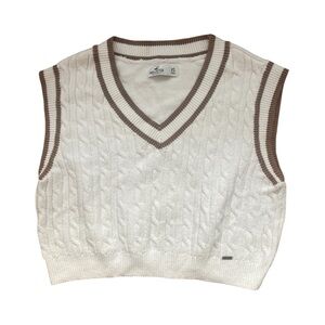 Hollister Cream Cable Knit Vest with Brown Trim